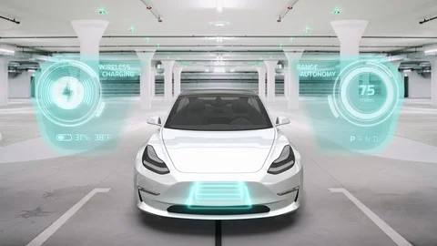 Autonomous electric car charging itself using wireless charging EV Technology 4K Vídeo Stock 103833352