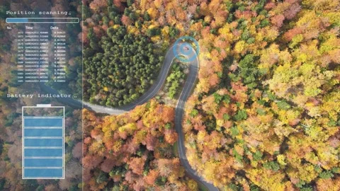 Autonomous electric car driving on a forest road with battery level and 库存影片 220340144