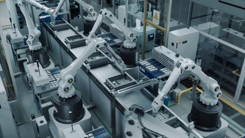 Autonomous Factory with White Robotic Arms Stock Footage 295351780