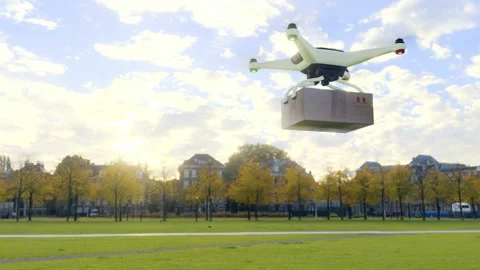 Autonomous flying drone delivers box on the table Stock Footage 101827589
