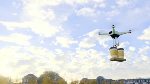 Autonomous flying drone delivers drinks on the table Stock Footage 101827597