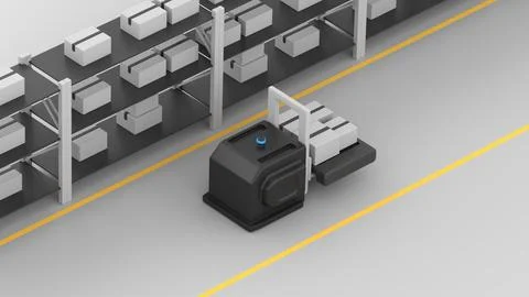 Autonomous forklift carrying a pallet with boxes and moving along warehouse 스톡 일러스트