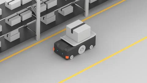 Autonomous guided vehicle (AGV) moving along warehouse shelves Illustrazione stock