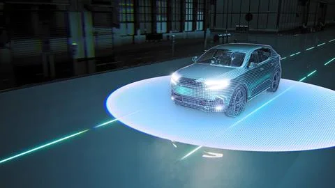 Autonomous High Tech Car Self Driving Using Radar Scanning Environment Emitting Illustrazione stock