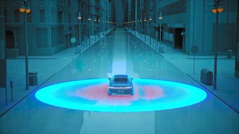 Autonomous High Tech Car Self Driving Using Radar Scanning Environment Emitting Illustrazione stock