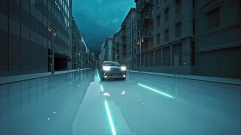 Autonomous High Tech Car Self Driving On Highway Emitting Signals Communicating Illustrazione stock