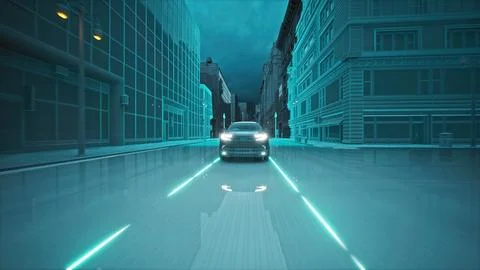 Autonomous High Tech Car Self Driving On Highway Emitting Signals Communicating Stock Illustration