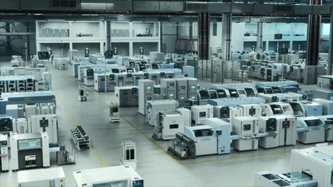Autonomous High Tech Factory with Automatic Robots Working Stock Footage 283374315