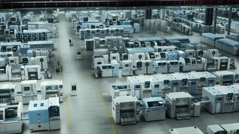 Autonomous High Tech Factory with Automatic Robots Working Stock Footage 283374479