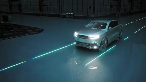 Autonomous High Tech Self Driving Car Using Radar Scanning Environment Emitting Illustrazione stock