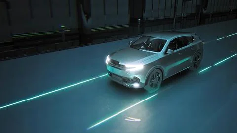 Autonomous High Tech Self Driving Car Using Radar Scanning Environment Emitting 스톡 일러스트