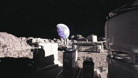 Autonomous machines maintain clustered cylindrical habitats on moon Stock Footage 331524201
