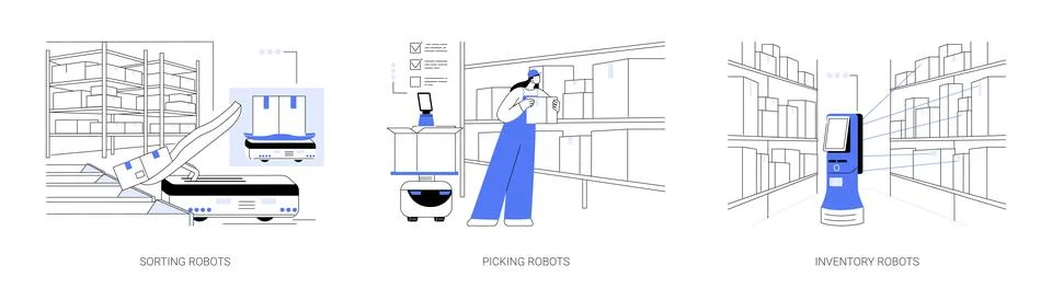 Autonomous mobile robots abstract concept vector illustrations. Illustrazione stock