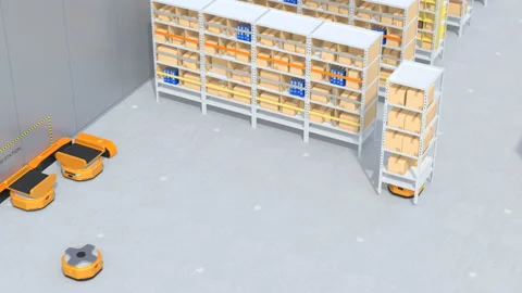 Autonomous Mobile Robots delivering shelves in distribution center Video stock 118115121