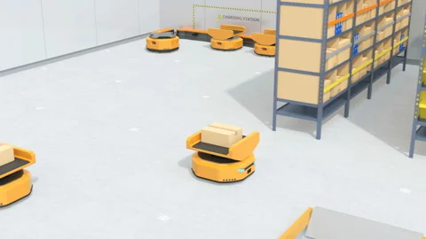 Autonomous Mobile Robots in logistics center Stock Footage 117870724