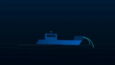 Autonomous Nautical Vessel Navigating Stylized Ocean with Digital Radar and.. Видео 346130119