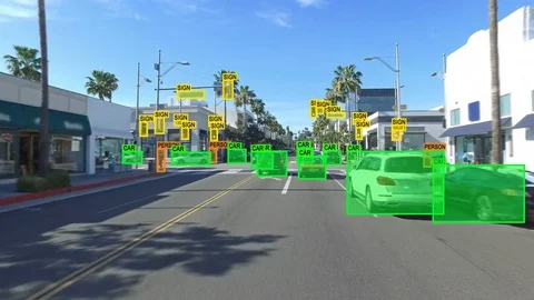 Autonomous or driverless car computer vision. Object detection system. Stock Footage