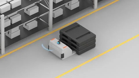 Autonomous pallet jack moving along warehouse shelves using a scanner Stock-Illustration