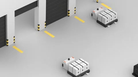 Autonomous pallet jacks with boxes delivering them into the warehouse gates Stock Footage 336267240