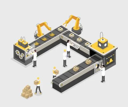 Autonomous, programmed production line with workers. Modern factory, industry Stock Illustration
