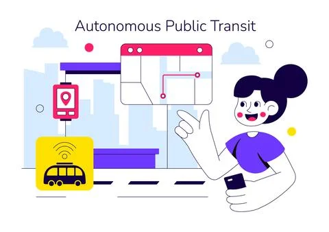 Autonomous Public Transit Vector Illustration Featuring Smart City Shuttle,.. Stock Illustration