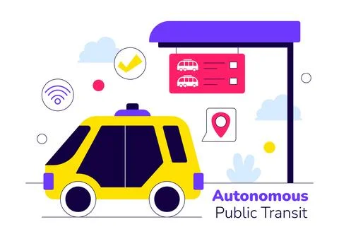 Autonomous Public Transit Vector Illustration Featuring Smart City Shuttle,.. Stock Illustration