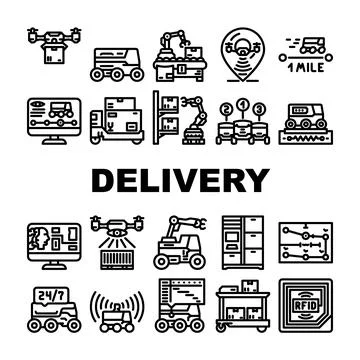 Autonomous robot delivery icons set vector Stock Illustration