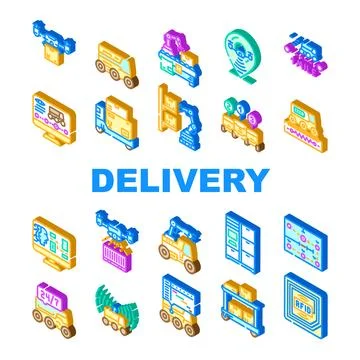 Autonomous robot delivery icons set vector Stock Illustration