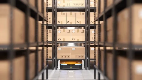 Autonomous robot or AGV moves rack in automated warehouse. Seamless looping Stock Footage