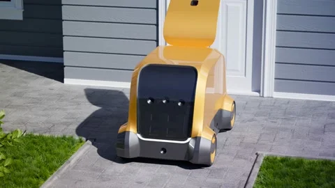Autonomous robot vehicle unloads packages at the door. Smart delivery. CG render Video stock 201224926