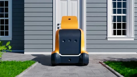 Autonomous robot vehicle unloads packages at the door. Smart delivery. CG render Video stock 201225251