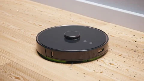 Autonomous robotic vacuum cleaner cleaning floor. Smart home. Loopable animation Stock Footage 201175035
