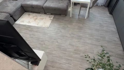 Autonomous robotic vacuum cleaner navigating across grey wooden flooring Stock Footage 345023928