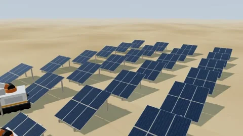 Autonomous robots installing rows of solar panels across a desert photovoltaic Stock Footage 340328911