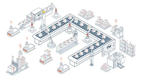 Autonomous Robots in Logistics. Streamlining product delivery from supplier.. Stock Illustration