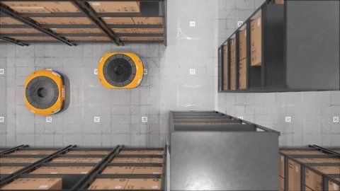 Autonomous robots moving shelves in automated warehouse. Seamless looping top Stock Footage