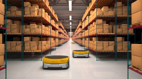 Autonomous robots moving shelves with cardboard boxes in automated warehouse. Se Stock Footage 212988366