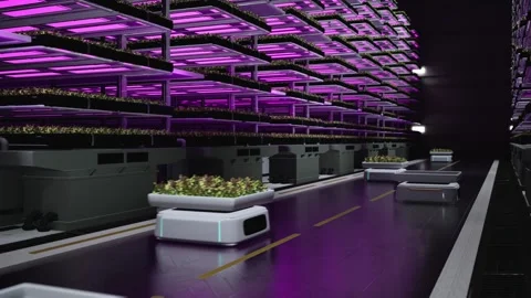Autonomous Robots Transporting Green Leafy Organic Vegetables At Vertical Farm Stock Footage 283990861