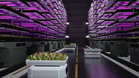 Autonomous Robots Transporting Green Leafy Organic Vegetables At Vertical Farm Stock-Footage 283991069