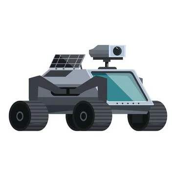 Autonomous rover exploring extraterrestrial planet surface with solar panel.. Illustrazione stock