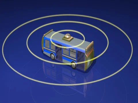 Autonomous self driving bus emitting yellow scan signals Stock Footage 72165505