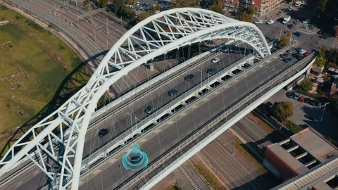 Autonomous Self Driving Car Concept. Aerial view of Electric car moving on city Stock Footage 122695519