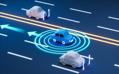 Autonomous Self Driving Car Moving through highway, Autopilot and sensing s.. Stock Illustration