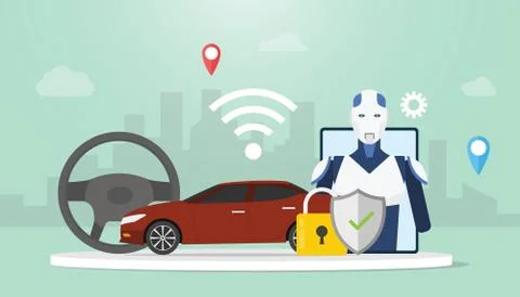 Autonomous self driving car technology concept with cars and icon wifi robot  Stock Illustration
