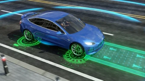 Autonomous self driving electric car rides on the road 3d rendering Stock Footage 92526752