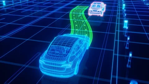 Autonomous self driving electric car change the lane and overtakes city vehicle Stock Footage