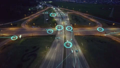 Autonomous self-driving mode vehicles on night highway road  junction. Stock Footage 182134602