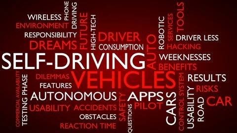 Autonomous, self-driving, vehicles word tag cloud. loop able, red variant. 스톡 동영상 77073127