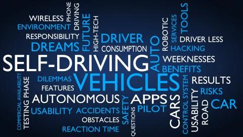 Autonomous self-driving vehicles word tag cloud. 3D rendering, blue variant. イラスト素材