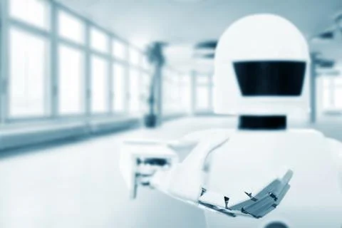 Autonomous service robot in front of an empty room 스톡 사진